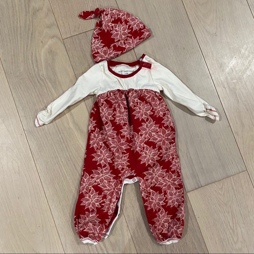Burts Bees Baby Christmas Romper and bonnet